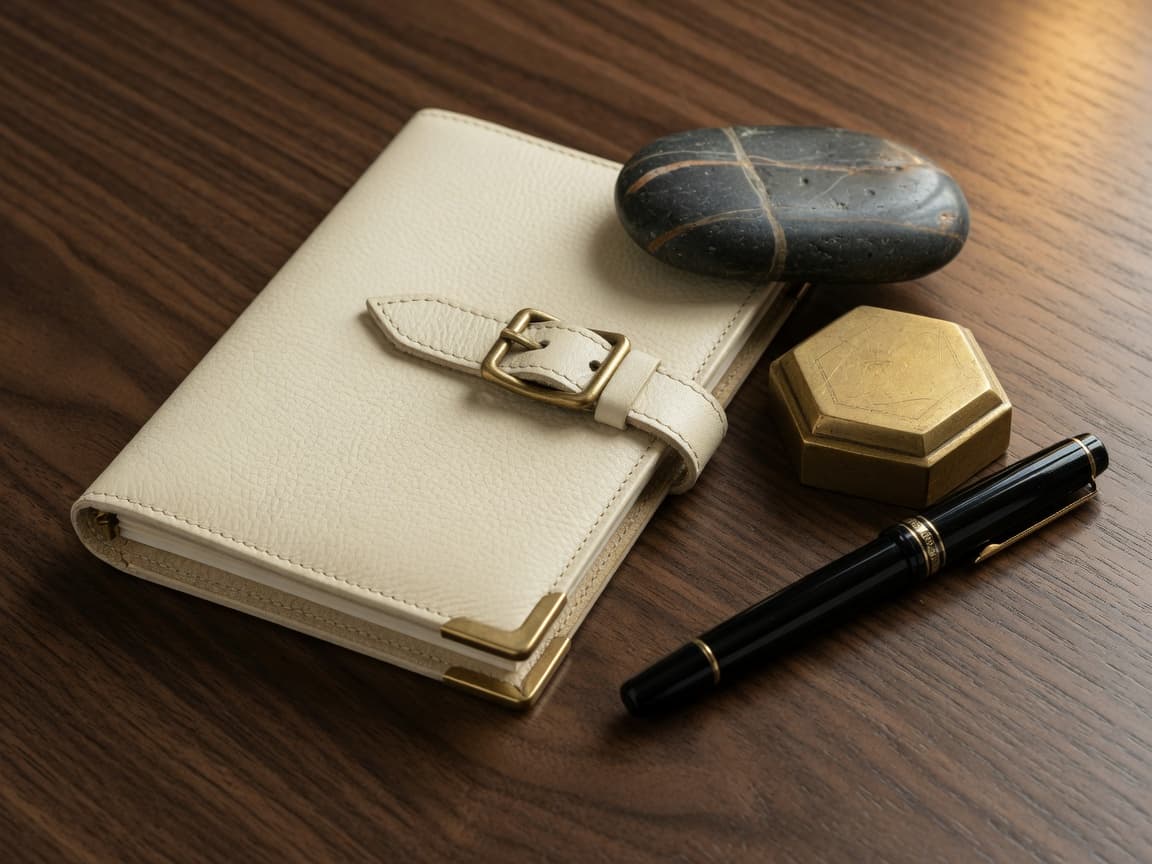 A leather folio and fountain pen on a walnut desk