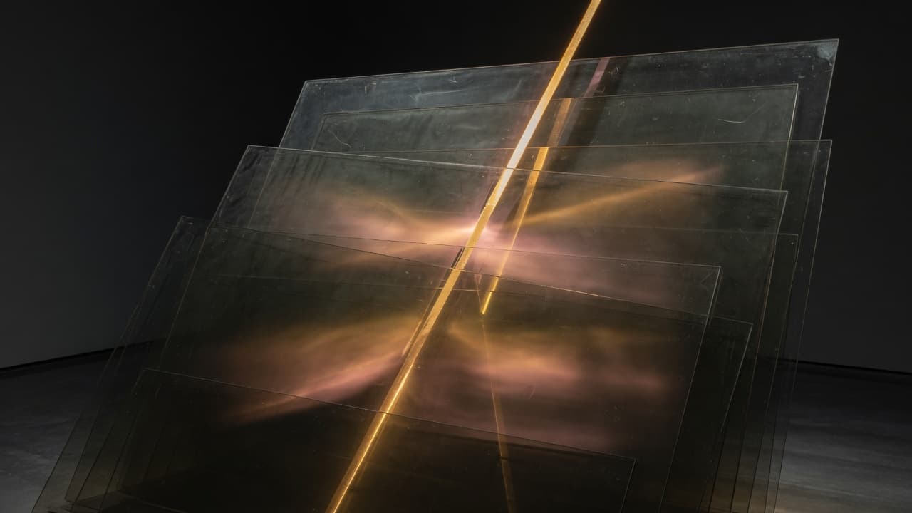 Stacked glass panels lit by a single gold light