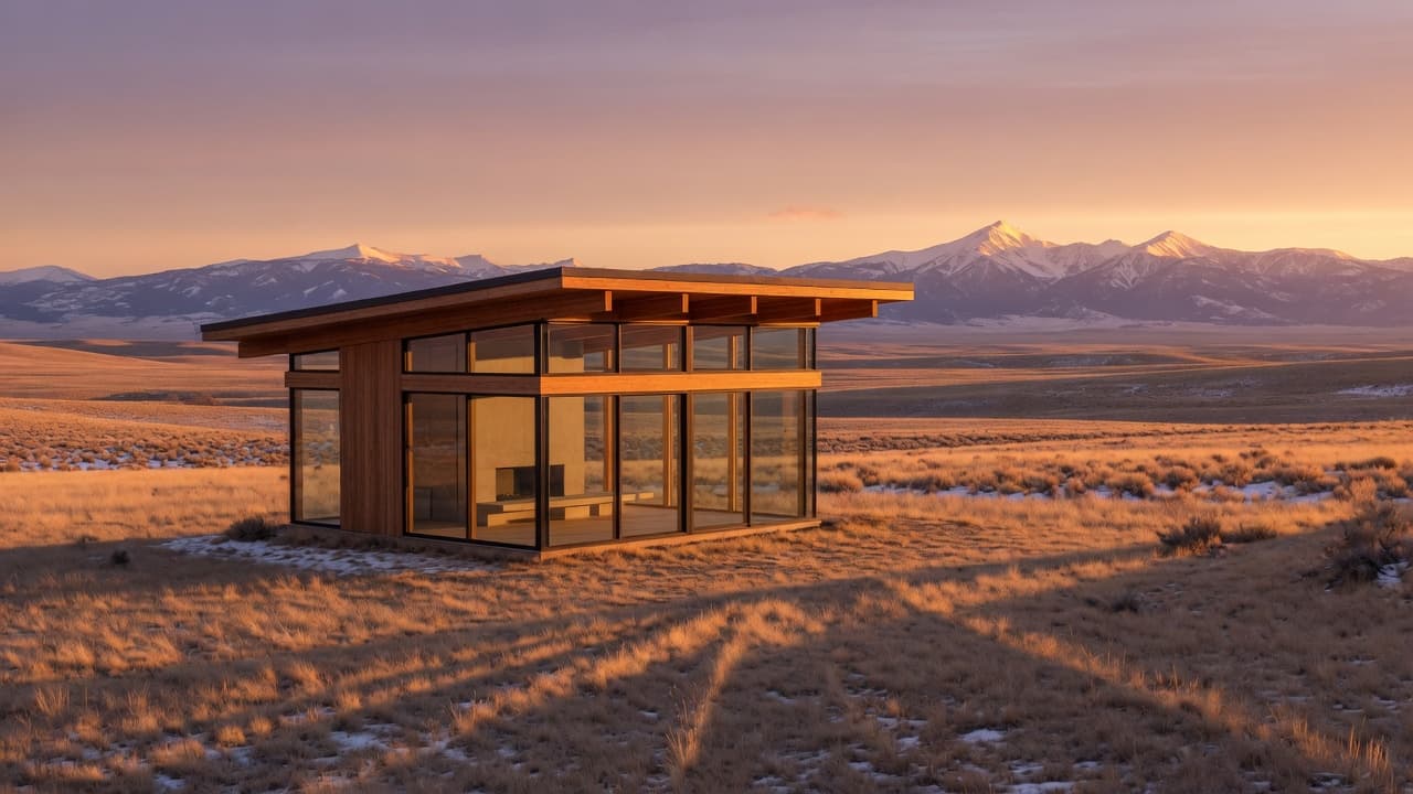 A glass-and-timber pavilion on a Wyoming prairie at sunset